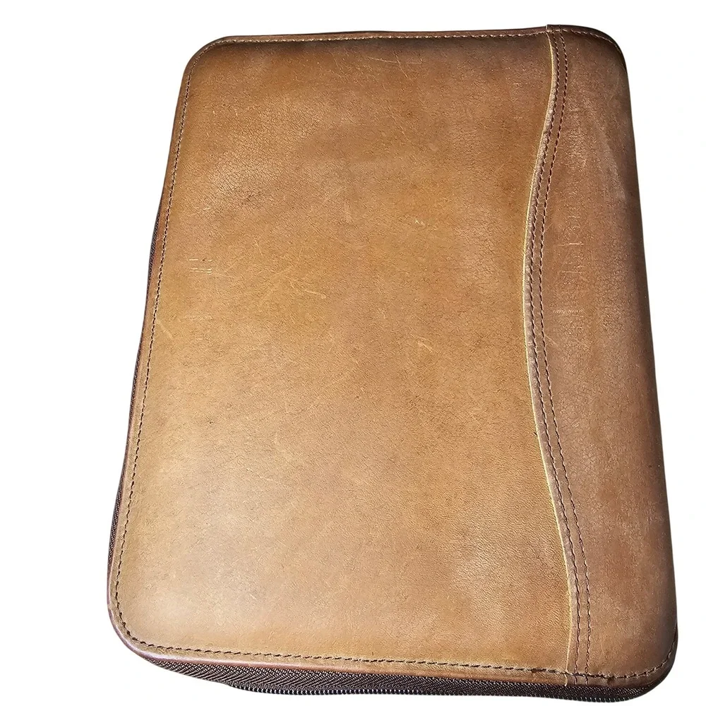 Vintage 90s Franklin Covey Brown Tan Leather 7-Ring Zip Planner USA Academia